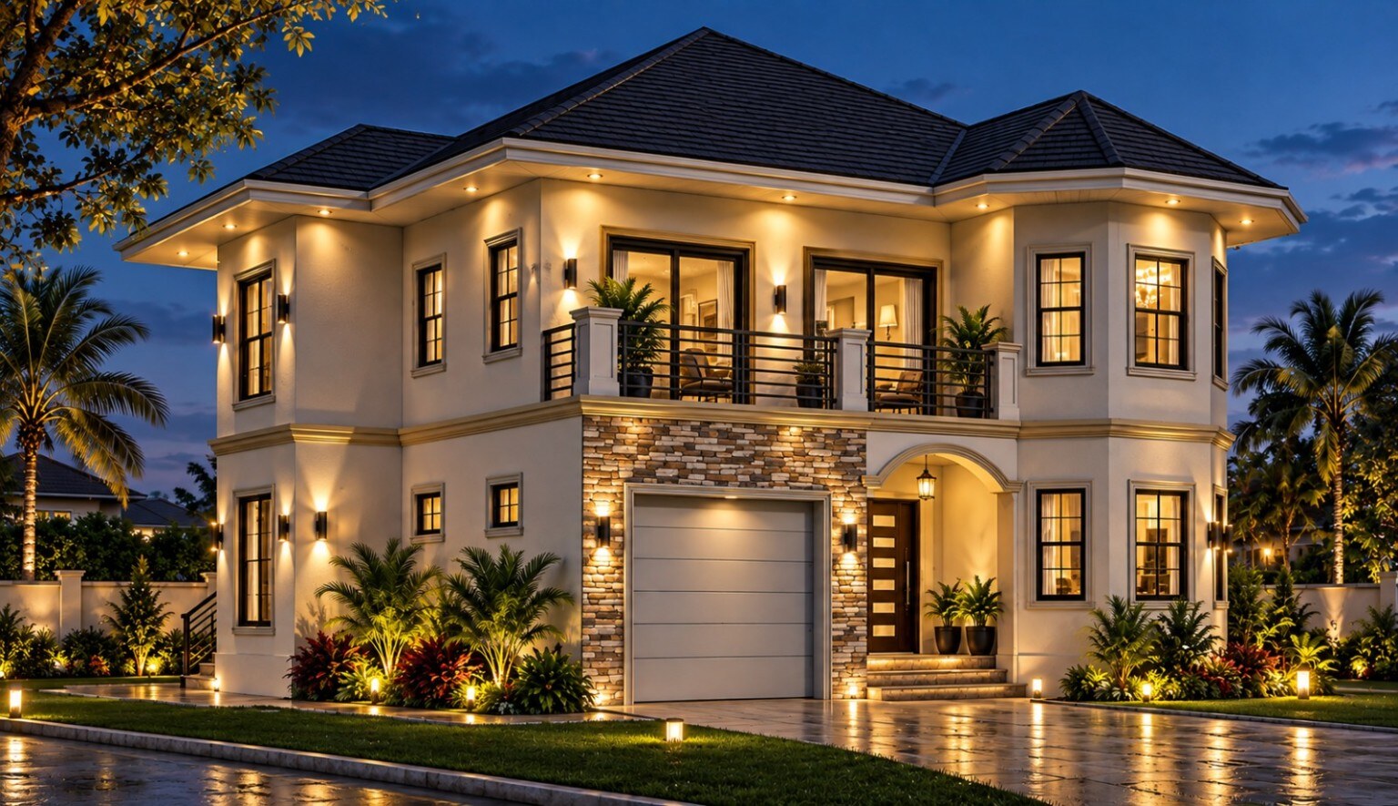 Night rendering of the four-bedroom Signature Home with Garage